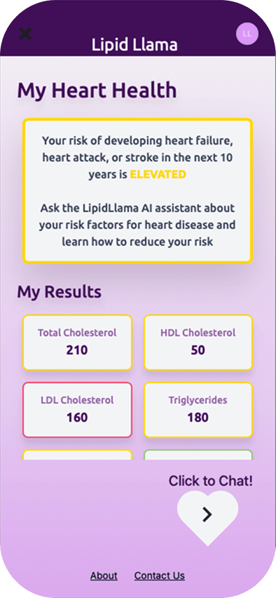 LipidLlama Home Screen displaying the Artificial Intelligence system results